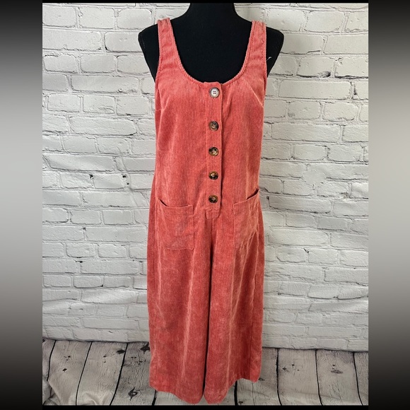 MODCLOTH AS YOU WISH WIDE LEG ORANGE SLEEVELESS CORDUROY JUMPSUIT SIZE (S) - Picture 3 of 11